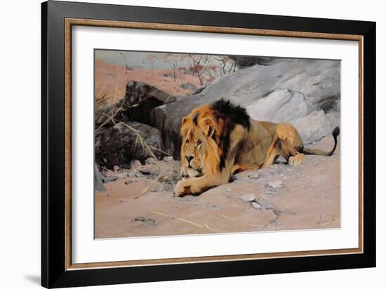 Lion Reclining in a Rocky Landscape-Wilhelm Kuhnert-Framed Giclee Print