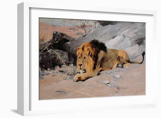 Lion Reclining in a Rocky Landscape-Wilhelm Kuhnert-Framed Giclee Print