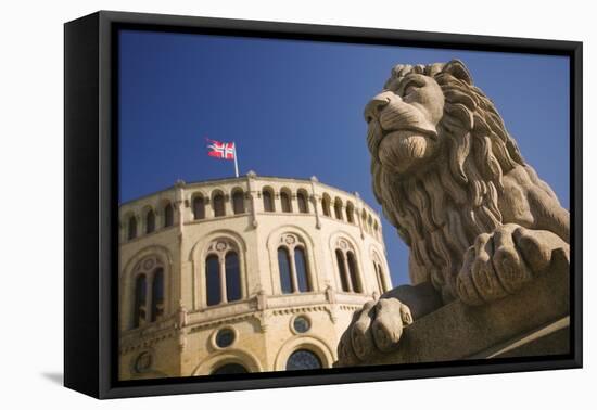 Lion Statue and Stortinget in Oslo-Jon Hicks-Framed Premier Image Canvas