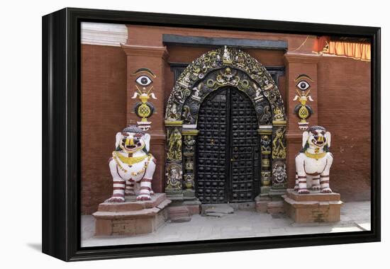 Lion Statues Outside a Gate at the Taleju Temple, Durbar Square, Kathmandu, Nepal, Asia-John Woodworth-Framed Premier Image Canvas