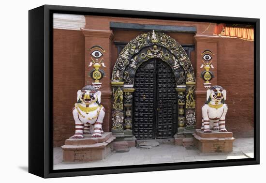 Lion Statues Outside a Gate at the Taleju Temple, Durbar Square, Kathmandu, Nepal, Asia-John Woodworth-Framed Premier Image Canvas