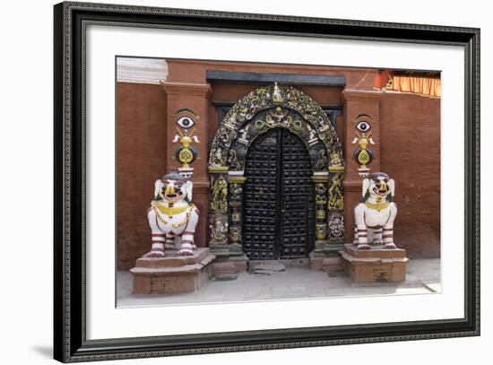 Lion Statues Outside a Gate at the Taleju Temple, Durbar Square, Kathmandu, Nepal, Asia-John Woodworth-Framed Photographic Print