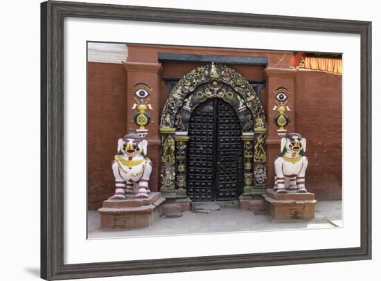 Lion Statues Outside a Gate at the Taleju Temple, Durbar Square, Kathmandu, Nepal, Asia-John Woodworth-Framed Photographic Print