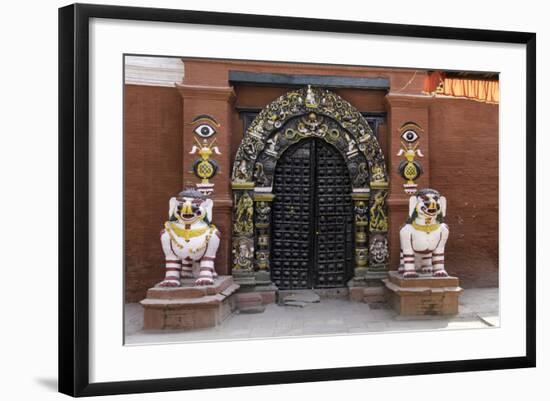 Lion Statues Outside a Gate at the Taleju Temple, Durbar Square, Kathmandu, Nepal, Asia-John Woodworth-Framed Photographic Print