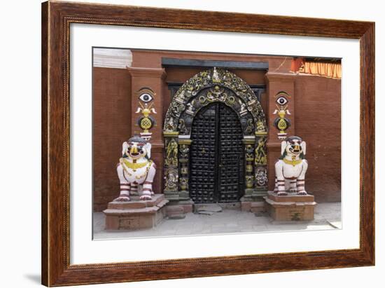 Lion Statues Outside a Gate at the Taleju Temple, Durbar Square, Kathmandu, Nepal, Asia-John Woodworth-Framed Photographic Print