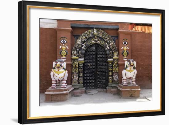 Lion Statues Outside a Gate at the Taleju Temple, Durbar Square, Kathmandu, Nepal, Asia-John Woodworth-Framed Photographic Print