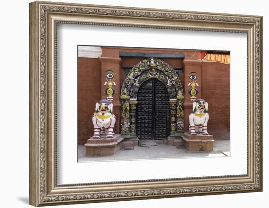 Lion Statues Outside a Gate at the Taleju Temple, Durbar Square, Kathmandu, Nepal, Asia-John Woodworth-Framed Photographic Print