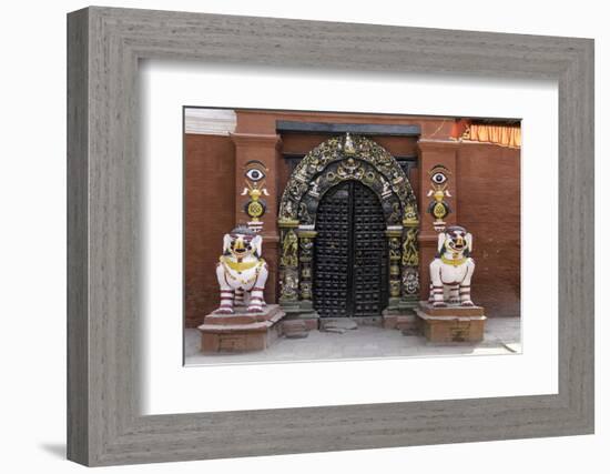 Lion Statues Outside a Gate at the Taleju Temple, Durbar Square, Kathmandu, Nepal, Asia-John Woodworth-Framed Photographic Print