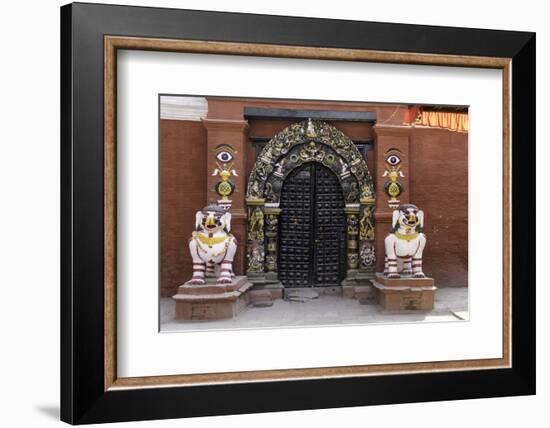 Lion Statues Outside a Gate at the Taleju Temple, Durbar Square, Kathmandu, Nepal, Asia-John Woodworth-Framed Photographic Print