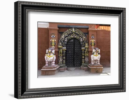 Lion Statues Outside a Gate at the Taleju Temple, Durbar Square, Kathmandu, Nepal, Asia-John Woodworth-Framed Photographic Print