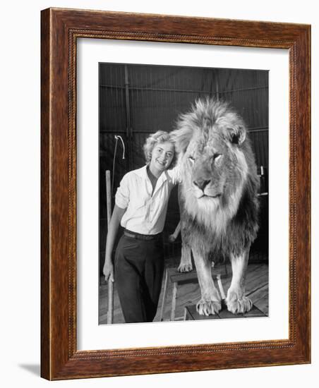 Lion Tamer Judy Allen, Standing Beside Her Beloved Lion Friend-Loomis Dean-Framed Photographic Print