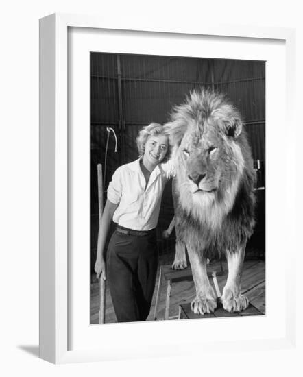 Lion Tamer Judy Allen, Standing Beside Her Beloved Lion Friend-Loomis Dean-Framed Photographic Print