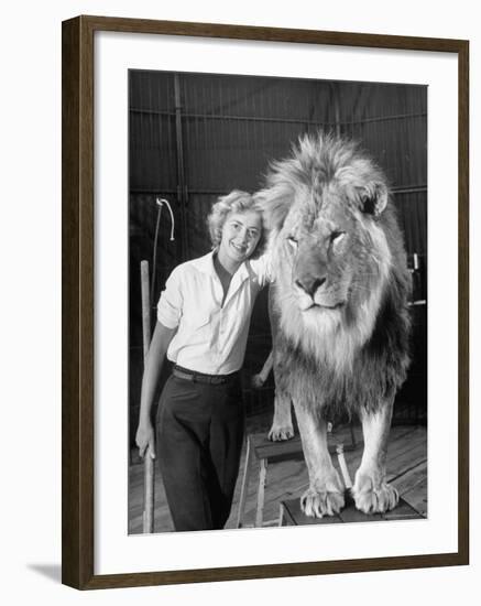 Lion Tamer Judy Allen, Standing Beside Her Beloved Lion Friend-Loomis Dean-Framed Photographic Print