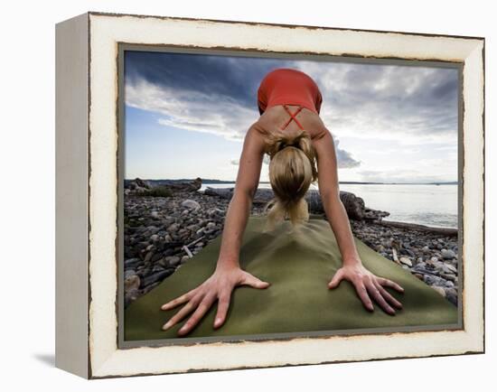 Lisa Eaton Holds a Downward Dog Yoga Pose on the Beach of Lincoln Park - West Seattle, Washington-Dan Holz-Framed Premier Image Canvas