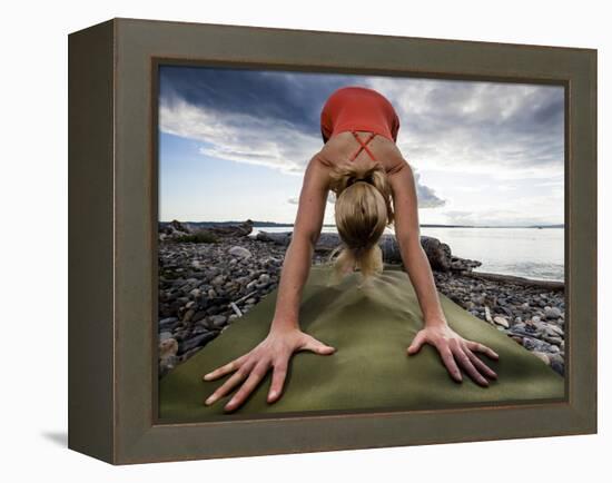 Lisa Eaton Holds a Downward Dog Yoga Pose on the Beach of Lincoln Park - West Seattle, Washington-Dan Holz-Framed Premier Image Canvas