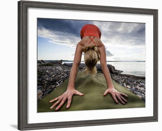 Lisa Eaton Holds a Downward Dog Yoga Pose on the Beach of Lincoln Park - West Seattle, Washington-Dan Holz-Framed Photographic Print