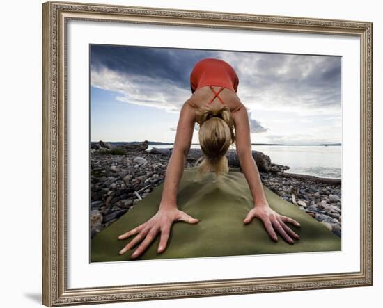 Lisa Eaton Holds a Downward Dog Yoga Pose on the Beach of Lincoln Park - West Seattle, Washington-Dan Holz-Framed Photographic Print