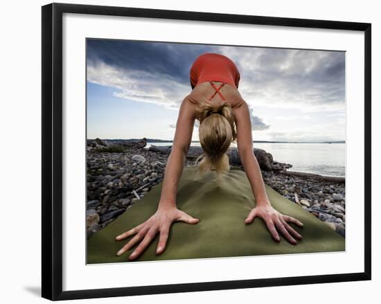 Lisa Eaton Holds a Downward Dog Yoga Pose on the Beach of Lincoln Park - West Seattle, Washington-Dan Holz-Framed Photographic Print