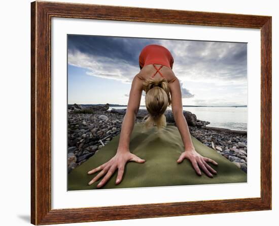 Lisa Eaton Holds a Downward Dog Yoga Pose on the Beach of Lincoln Park - West Seattle, Washington-Dan Holz-Framed Photographic Print