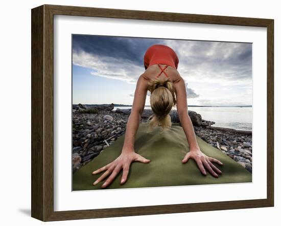 Lisa Eaton Holds a Downward Dog Yoga Pose on the Beach of Lincoln Park - West Seattle, Washington-Dan Holz-Framed Photographic Print