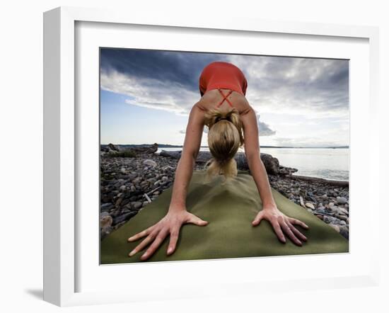 Lisa Eaton Holds a Downward Dog Yoga Pose on the Beach of Lincoln Park - West Seattle, Washington-Dan Holz-Framed Photographic Print