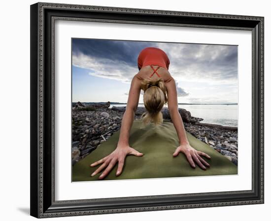 Lisa Eaton Holds a Downward Dog Yoga Pose on the Beach of Lincoln Park - West Seattle, Washington-Dan Holz-Framed Photographic Print