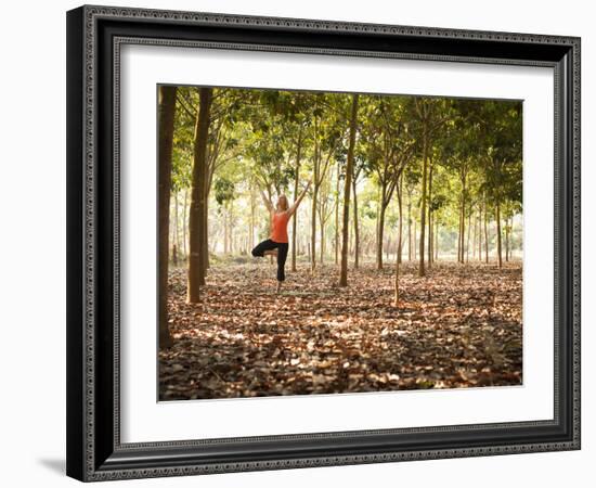 Lisa Eaton Practices Tree Pose in a Rubber Tree Plantation -Chiang Dao, Thaialand-Dan Holz-Framed Photographic Print