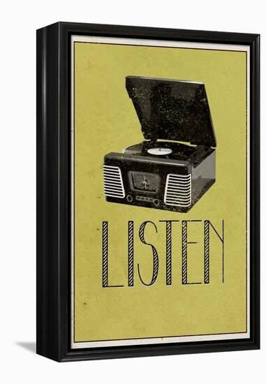 Listen Vintage Record Player-null-Framed Stretched Canvas