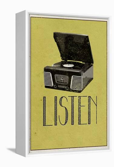 Listen Vintage Record Player-null-Framed Stretched Canvas