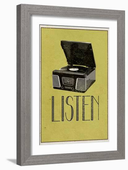 Listen Vintage Record Player-null-Framed Art Print