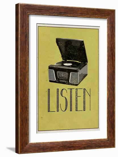 Listen Vintage Record Player-null-Framed Art Print