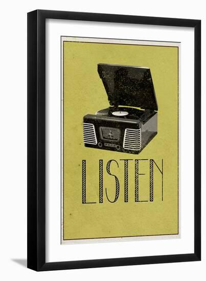 Listen Vintage Record Player-null-Framed Art Print