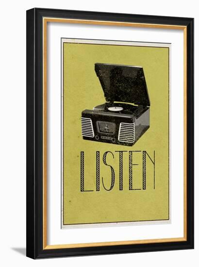 Listen Vintage Record Player-null-Framed Art Print
