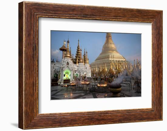 Lit Candles Placed by Devotees at Sunset at the Shwesagon Pagoda, Yangon, Myanmar (Burma)-Annie Owen-Framed Photographic Print