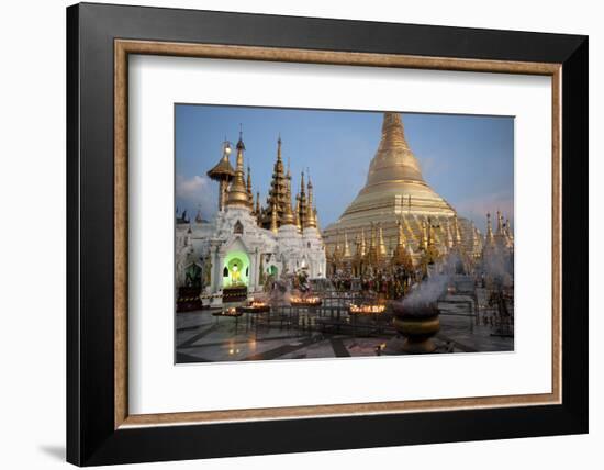 Lit Candles Placed by Devotees at Sunset at the Shwesagon Pagoda, Yangon, Myanmar (Burma)-Annie Owen-Framed Photographic Print