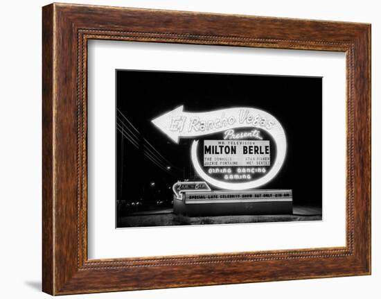 Lit Up Sign of El Rancho Vegas Advertising Milton Berle and Supporting Acts, Las Vegas, 1958-Allan Grant-Framed Photographic Print