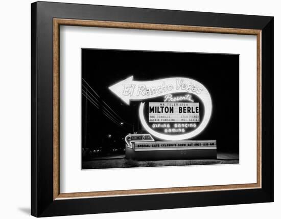 Lit Up Sign of El Rancho Vegas Advertising Milton Berle and Supporting Acts, Las Vegas, 1958-Allan Grant-Framed Photographic Print