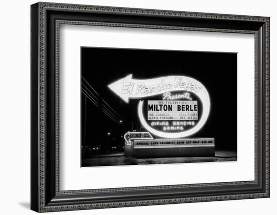 Lit Up Sign of El Rancho Vegas Advertising Milton Berle and Supporting Acts, Las Vegas, 1958-Allan Grant-Framed Photographic Print