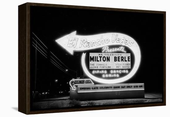 Lit Up Sign of El Rancho Vegas Advertising Milton Berle and Supporting Acts, Las Vegas, 1958-Allan Grant-Framed Premier Image Canvas