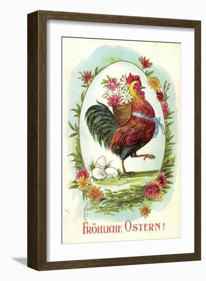 Litho Fröhliche Ostern, Osterhuhn Mit Blumenkorb, Eier-null-Framed Giclee Print