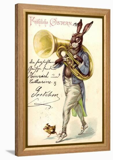 Litho Glückwunsch Ostern, Hase Spielt Auf Tuba, Küken-null-Framed Premier Image Canvas