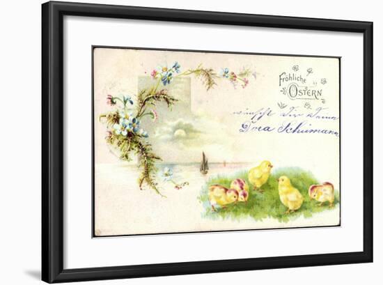Litho Glückwunsch Ostern, Küken Auf Der Wiese, Blumen-null-Framed Giclee Print