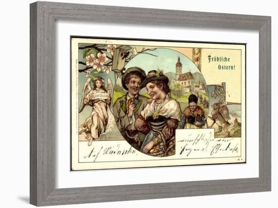 Litho Glückwunsch Ostern, Pärchen, Engel, Osterhasen-null-Framed Giclee Print