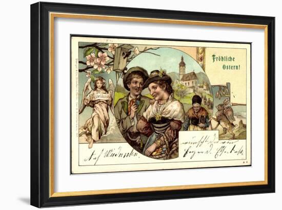 Litho Glückwunsch Ostern, Pärchen, Engel, Osterhasen-null-Framed Giclee Print