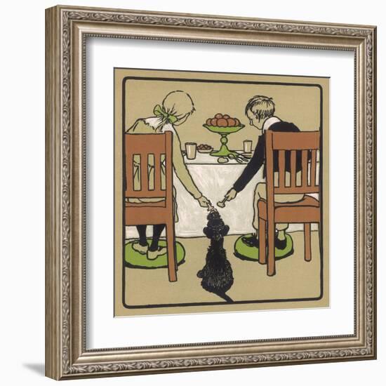 Little Black Dog Sits Patiently While a Boy and a Girl Hand Him Nice Things to Eat from the Table-Cecil Aldin-Framed Art Print