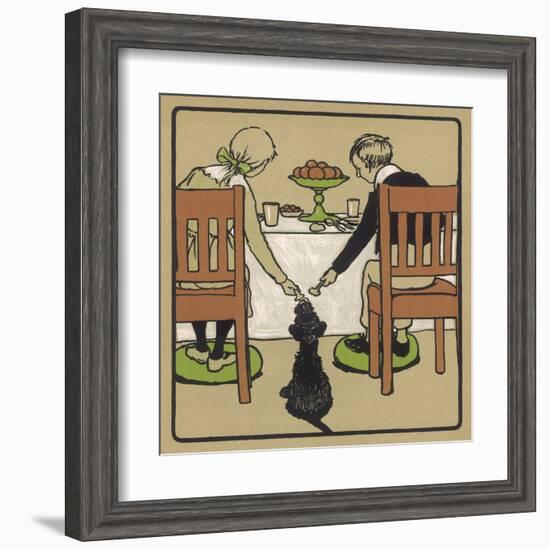 Little Black Dog Sits Patiently While a Boy and a Girl Hand Him Nice Things to Eat from the Table-Cecil Aldin-Framed Art Print