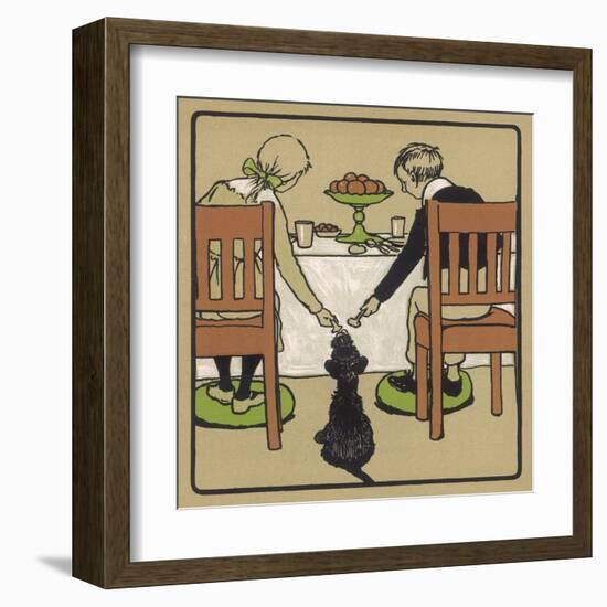 Little Black Dog Sits Patiently While a Boy and a Girl Hand Him Nice Things to Eat from the Table-Cecil Aldin-Framed Art Print