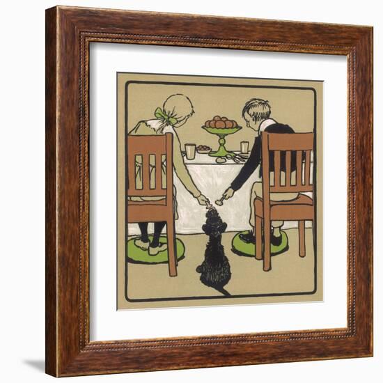 Little Black Dog Sits Patiently While a Boy and a Girl Hand Him Nice Things to Eat from the Table-Cecil Aldin-Framed Art Print