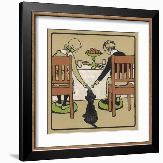 Little Black Dog Sits Patiently While a Boy and a Girl Hand Him Nice Things to Eat from the Table-Cecil Aldin-Framed Art Print