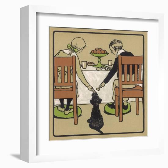 Little Black Dog Sits Patiently While a Boy and a Girl Hand Him Nice Things to Eat from the Table-Cecil Aldin-Framed Art Print